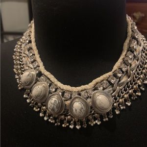 Vintage Express Statement Necklace Marble, Rhinestones, Tiny Pearls Silver Tone